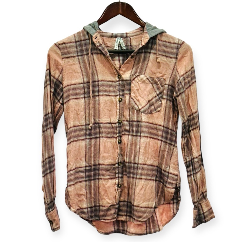 Mudd Y2K Grunge Plaid Hooded Flannel Top Pink Gray XS